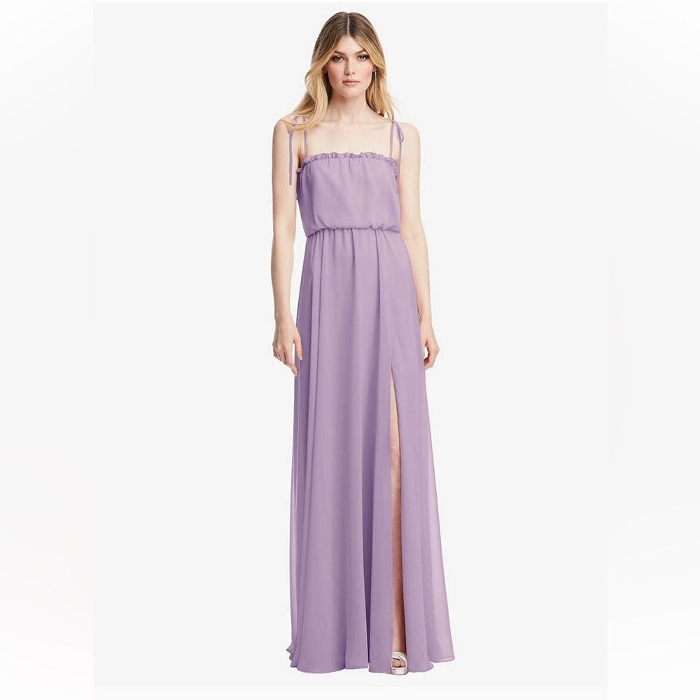 Dessy Pale Purple Skinny Tie-Shoulder Ruffle-Trimmed Blouson Maxi Dress